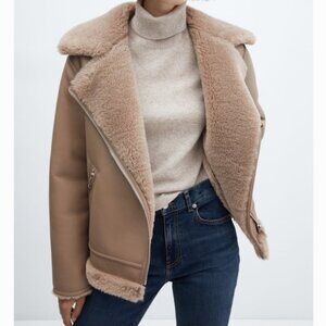 MANGO XXS/ XS Tan Faux Shearling Fur Leather Moto Jacket
